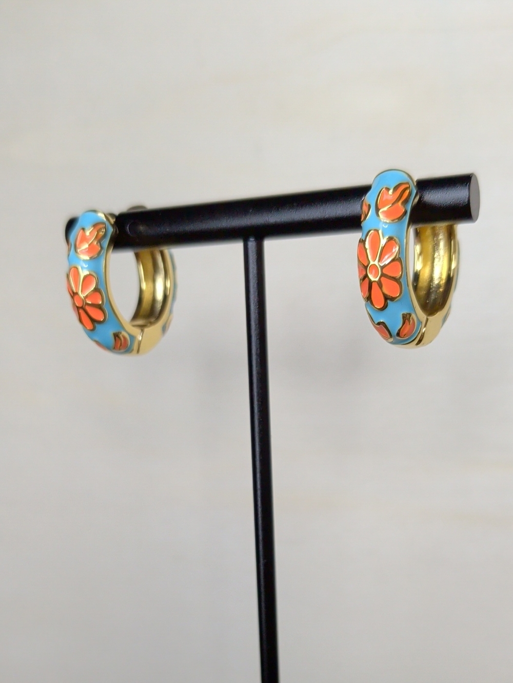 18k Gold Filled Hoop Earrings with Turquoise & Orange Floral Enamel
